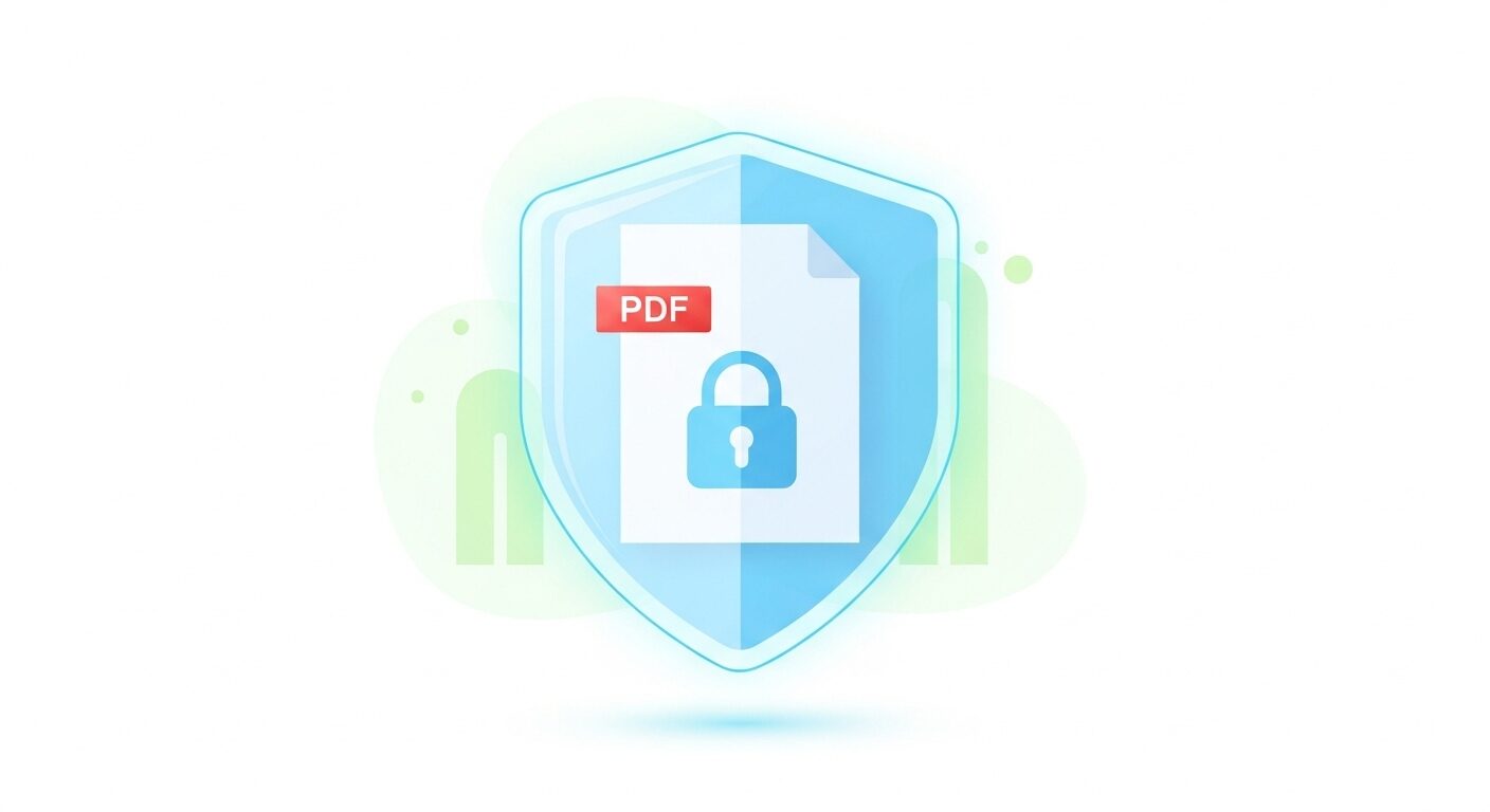 iLovePDFの安全性をテーマにしたクリーンなイラスト。中央に配置されたPDFファイルのアイコンを、輝く盾と鍵のマークが守っている。オンラインツールのセキュリティに対する安心感と信頼性を表現。