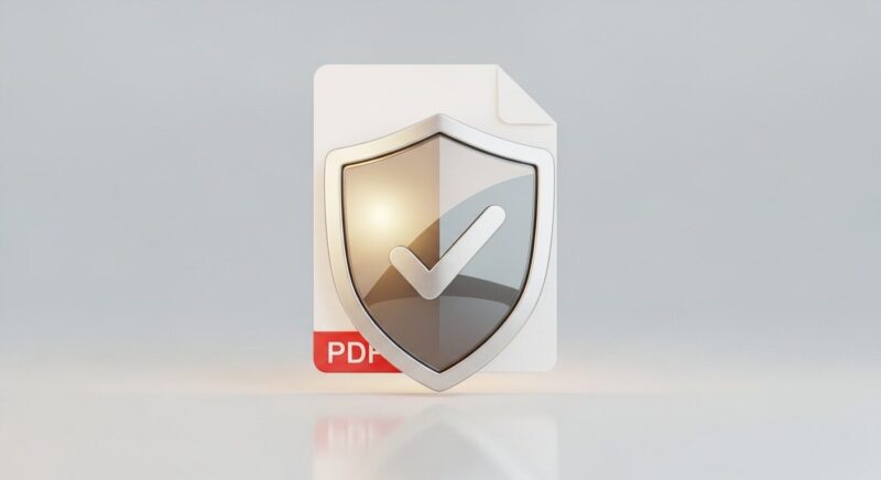 盾の形をした認証バッジがPDFアイコンを守っているイラスト。iLovePDFが国際セキュリティ認証ISO 27001を取得している高い信頼性を表現。