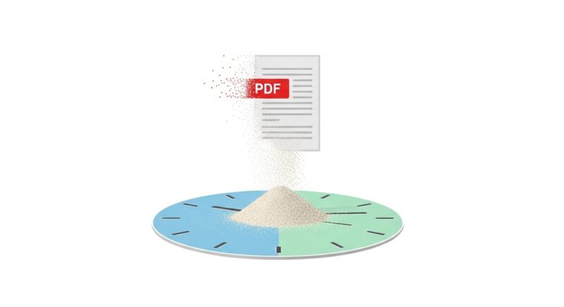 時計の上でPDFファイルが砂のように消えていくイラスト。iLovePDFのファイルが2時間で自動的に完全削除される、重要なセキュリティ機能を表現。