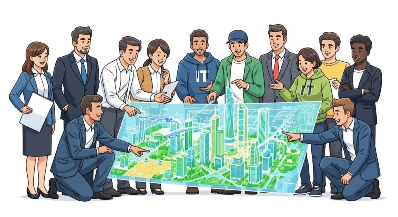 自治体職員とSEがチームとなり、未来のスマートシティの光る設計図を囲んで語り合っているイラスト。外部の視点を活かし、共に未来を創り上げていく希望を表現。