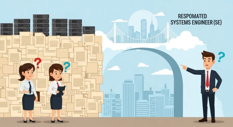 困惑する自治体職員の前に立つ派遣SE。書類の山でできた高い壁を乗り越えるように、雲でできた明るい橋が未来へと続いている。自治体のクラウド導入における課題と、専門家と共に未来を切り拓く希望を象徴したイラスト。