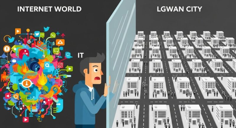 インターネットの世界から、ガラス壁で隔てられた閉鎖的なLGWANの街を驚いた表情で見るSEのイラスト。自治体ネットワークの特殊性を象ENTOUしています。