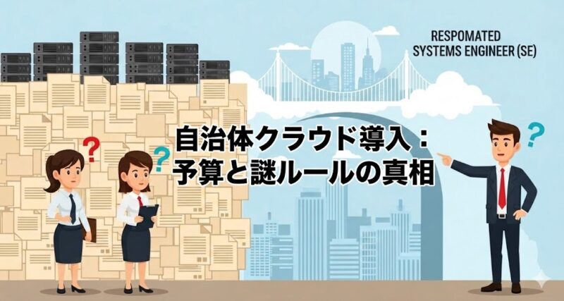 困惑する自治体職員の前に立つ派遣SE。書類の山でできた高い壁を乗り越えるように、雲でできた明るい橋が未来へと続いている。自治体のクラウド導入における課題と、専門家と共に未来を切り拓く希望を象徴したイラスト