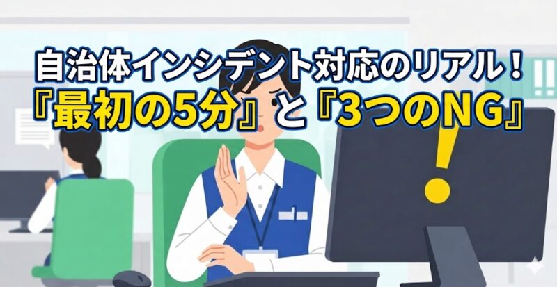 自治体のオフィスで、パソコン画面の警告を見てハッとしている職員のイラスト。自治体で起こるリアルなセキュリティインシデントの危険性と、その対策の重要性を象徴しています。