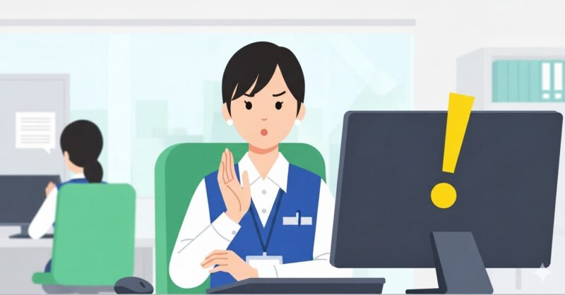 自治体のオフィスで、パソコン画面の警告を見てハッとしている職員のイラスト。自治体で起こるリアルなセキュリティインシデントの危険性と、その対策の重要性を象徴しています。