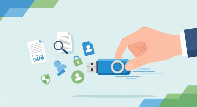 手から滑り落ち、情報が漏洩しているUSBメモリのイラスト。「少しだけ」のつもりのUSB利用が、重大な情報漏洩インシデントに繋がる危険性を示唆しています。