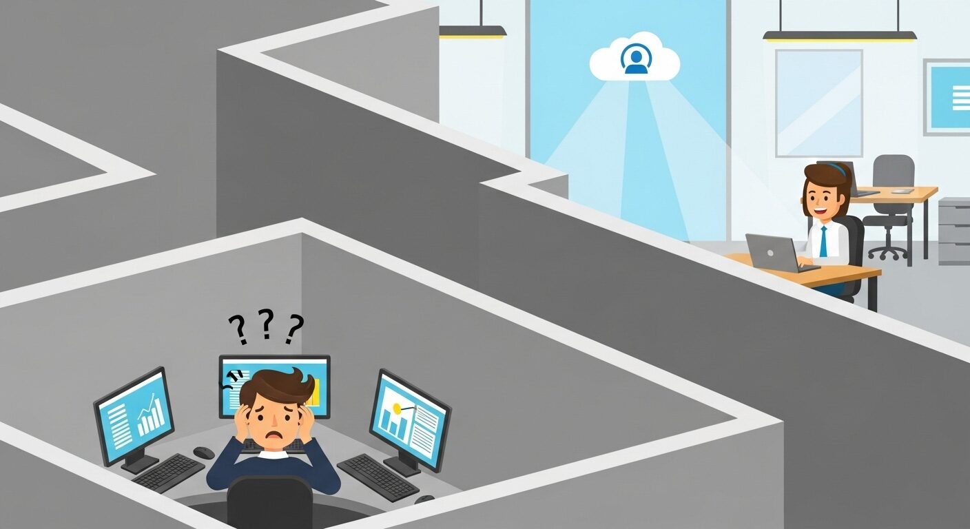 迷路のような壁に囲まれたオフィスで複数のPCを前に困る職員と、壁の向こうの明るいオフィスで1台のPCで笑顔で働く職員のイラスト。自治体の非効率な三層分離ルールと、クラウド活用による明るい未来を象徴しています。