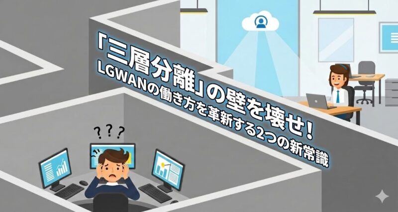 迷路のような壁に囲まれたオフィスで複数のPCを前に困る職員と、壁の向こうの明るいオフィスで1台のPCで笑顔で働く職員のイラスト。自治体の非効率な三層分離ルールと、クラウド活用による明るい未来を象徴しています。