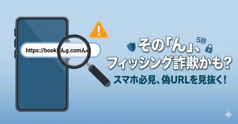スマートフォンに表示された「ん」で始まる怪しい日本語URLを虫眼鏡で確認し、警告マークが出ているイラスト。フィッシング詐欺への注意喚起を表している