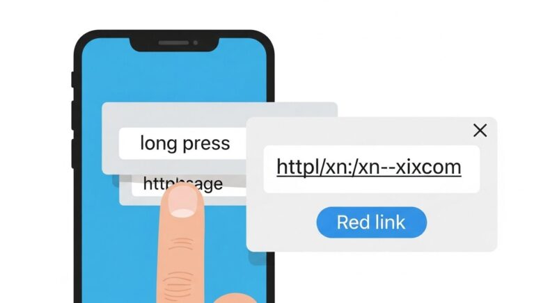 スマートフォンの画面でURLを指で長押しすると、ポップアップで本当のリンク先が表示され、安全確認をしているイラスト。フィッシング対策の具体的な方法を示している。