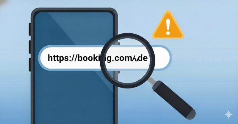 スマートフォンに表示された「ん」で始まる怪しい日本語URLを虫眼鏡で確認し、警告マークが出ているイラスト。フィッシング詐欺への注意喚起を表している。