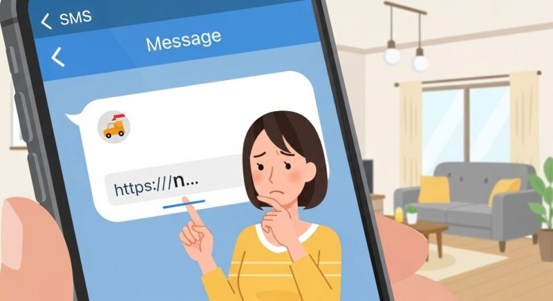 宅配業者を装った不在通知SMSと、そこに含まれる「ん」で始まるURLを、不安そうに見つめる女性のイラスト。フィッシング詐欺の具体的な手口を表している。