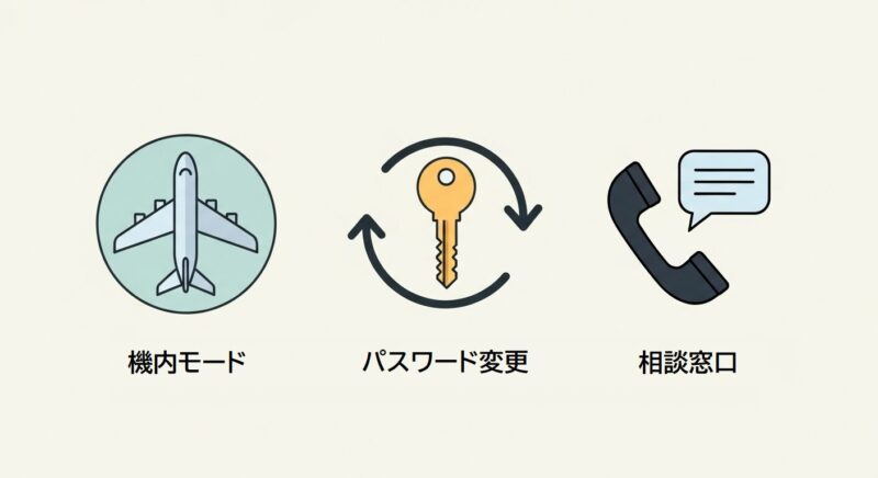 フィッシング詐欺被害時の対処法を示す3つのアイコン。「機内モード」「パスワード変更」「専門機関への相談」が並んでいるイラスト。