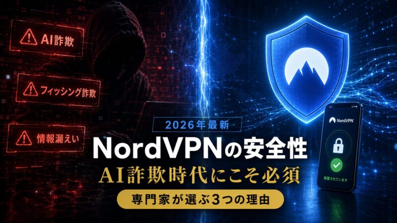 【2026年最新】NordVPNの安全性を解説するアイキャッチ画像。AI詐欺・フィッシング詐欺・情報漏えいの脅威を示す警告バッジと、NordVPNアプリを表示したスマートフォン、セキュリティシールドのアイコンが配置されている。「AI詐欺時代にこそ必須」「専門家が選ぶ3つの理由」として、強力なセキュリティ・プライバシー保護・高速安定接続の3点が記されている。