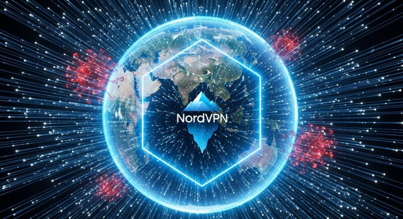 地球全体を覆う青く光る高速なデータ通信網と、それを外部の攻撃から守る巨大なデジタルシールド。NordVPNによる安全で快適なインターネット接続のイメージ。