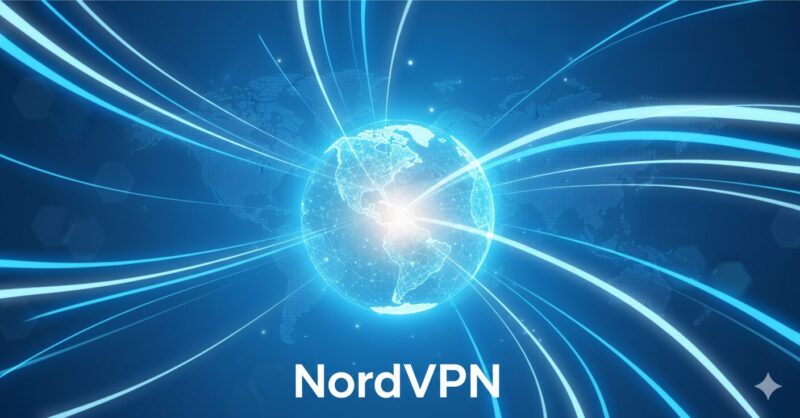 光のネットワークが広がる地球儀のイラスト。NordVPNのメリットである高速通信と世界中に広がるサーバー網をイメージし、快適な利用体験を表現。