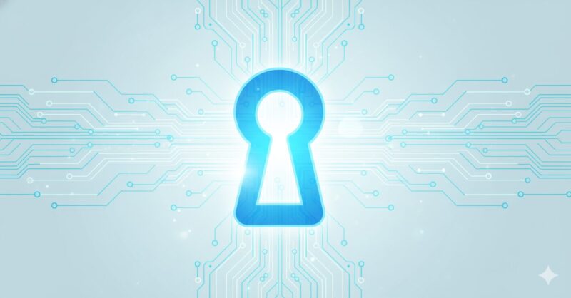 輝く鍵穴のアイコンのイラスト。NordVPNのノーログポリシーや第三者監査による信頼性と安全性を表現し、「怪しい」という疑問を解消するイメージ。