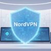 ノートパソコンとスマホが、輝く青い盾によって保護されているイラスト。NordVPNの安全性とセキュリティをイメージし、フリーWi-Fiなどの脅威から守られる安心感を表現。