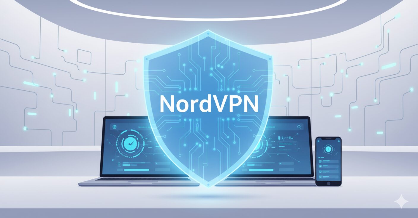 ノートパソコンとスマホが、輝く青い盾によって保護されているイラスト。NordVPNの安全性とセキュリティをイメージし、フリーWi-Fiなどの脅威から守られる安心感を表現。