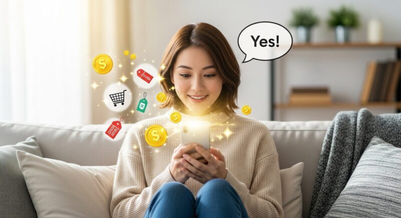 スマートフォンを見て、キャッシュバックやクーポンでお得に買い物ができたことに喜ぶ20代女性。PLUGアプリの爆得機能を利用して、賢く節約を楽しんでいる様子が伝わる。