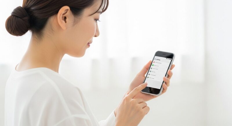 明るい部屋で、スマートフォンのセキュリティ設定を見直している20代女性。PLUGアプリを安全に使うための初期設定を行っており、情報セキュリティへの意識の高さがうかがえる。
