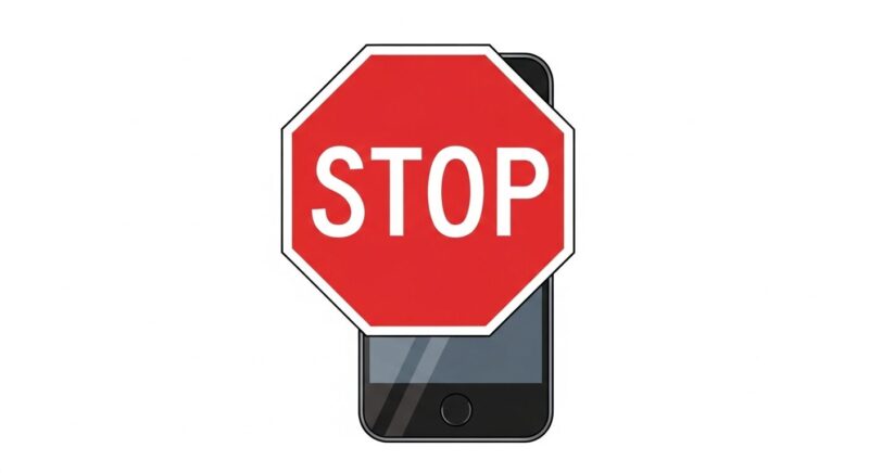 スマートフォンの無効化や強制停止の危険性を示す警告イラスト。スマホの手前に置かれた大きな赤い停止標識が注意を促している。