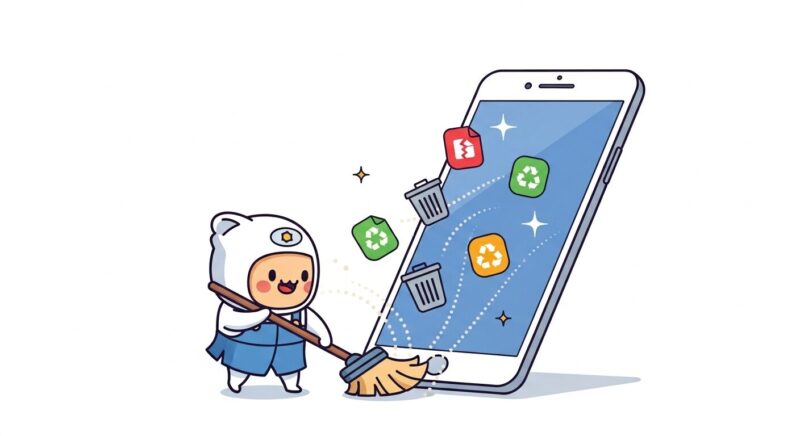 スマホのクリーンアップ機能を表すイラスト。小さなキャラクターがスマートフォンの画面をほうきで掃除し、不要なデータをきれいにしている様子。