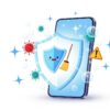 フォンマネージャーの安全な使い方を解説する記事のアイキャッチ画像。中央のスマートフォンが輝く盾でウイルスから守られ、キラキラした光でクリーンアップされている様子が描かれた、親しみやすいイラスト。
