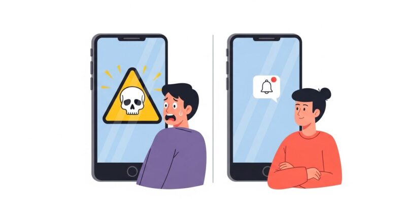 偽のウイルス警告と本物の通知の違いを示すイラスト。派手な警告に慌てる人と、シンプルな通知に落ち着いている人を対比させている。