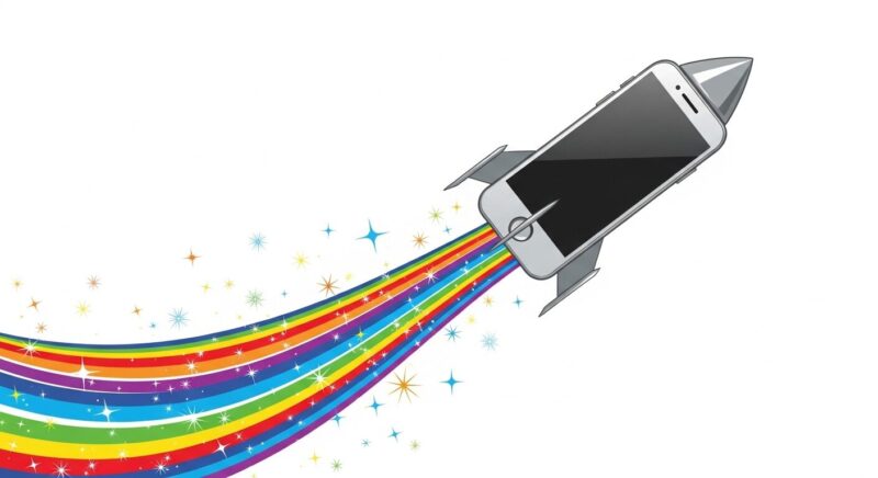 スマホの最適化を表現したイラスト。ロケットのように勢いよく飛ぶスマートフォンが、動作が軽快になるイメージを伝えている。
