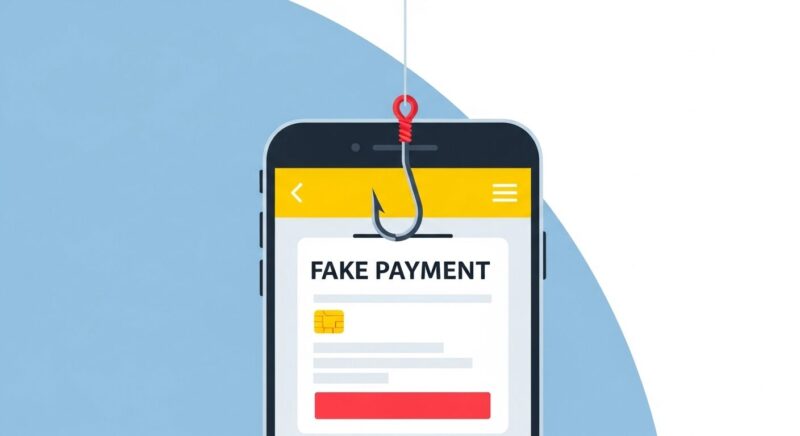 スマホの画面から釣り針が伸び、クレジットカード情報を釣り上げようとしているイラスト。スマホ新法による外部決済の自由化に伴い、フィッシング詐欺によって個人情報が盗まれる危険性を象徴しています。
