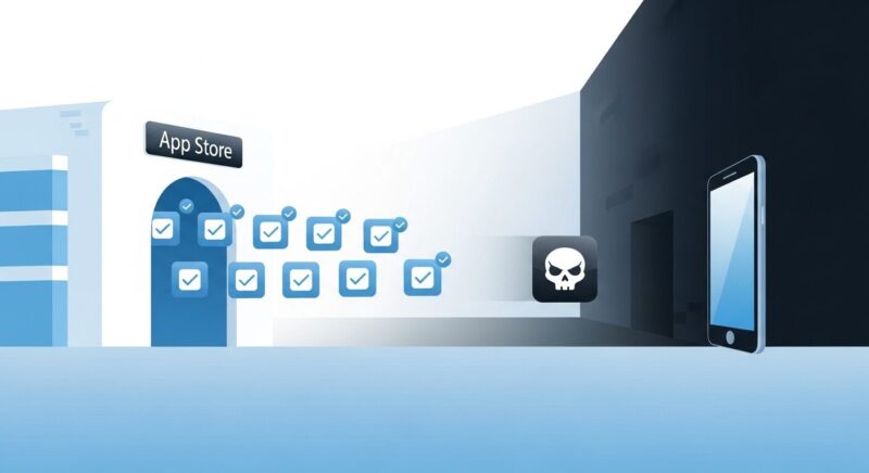 公式ストアと怪しい路地裏からアプリが出てくるイラスト。スマホ新法によるサイドローディング解禁で、安全なアプリだけでなく、非公式ルートから危険なアプリが侵入してくるリスクを象徴しています。