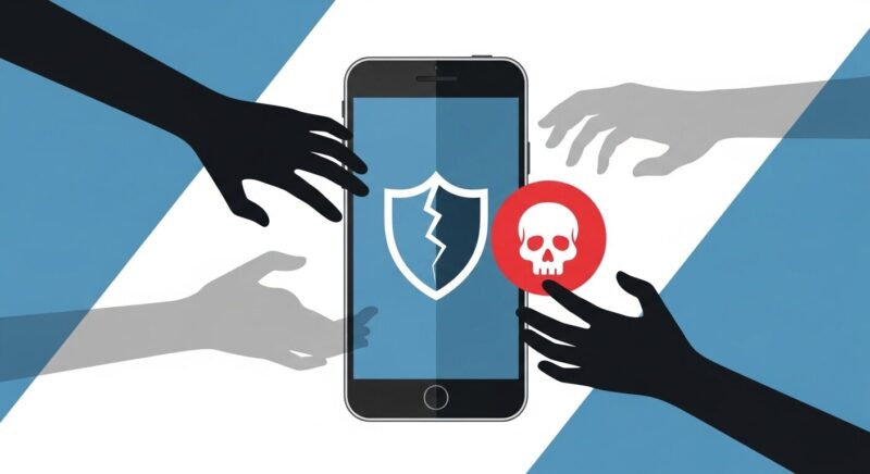 画面にひびの入った盾が表示されたスマートフォンのイラスト。外部からドクロマークの付いた危険なアプリをインストールしようと影の手が伸びている様子。スマホ新法によって増大するアプリの危険性と、情報セキュリティ対策の重要性を象徴しています。