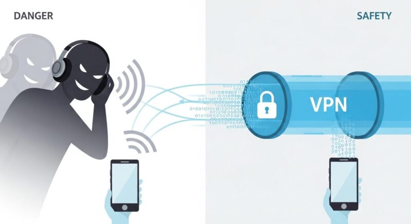 左側でWi-Fi通信が盗聴され、右側でVPNのトンネルによって通信が保護されている対比のイラスト。無料Wi-Fiの危険性と、通信を暗号化するVPNの有効性を象徴しています。
