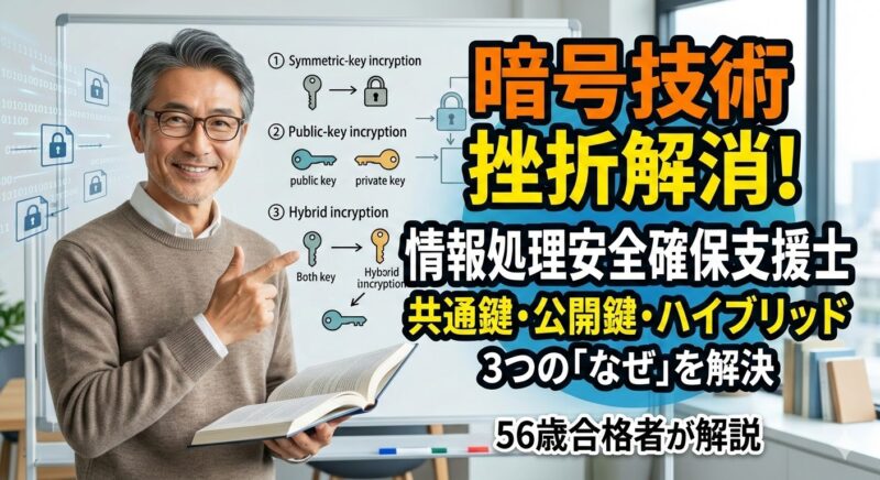 情報処理安全確保支援士の暗号技術で挫折？共通鍵・公開鍵・ハイブリッド暗号の3つの「なぜ」を56歳合格者がスッキリ解決画像