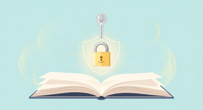 情報処理安全確保支援士の暗号技術を解説する記事のアイキャッチ。ノートの上で、鍵と南京錠が光で繋がりシールドで守られている様子。共通鍵、公開鍵、ハイブリッド暗号の物語的な関係性と、学習による「なるほど！」という理解の瞬間を表現。