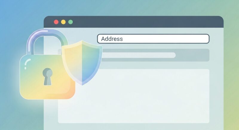 SSL/TLSによる安全な通信を表現したイラスト。ブラウザの鍵マークが輝き、通信がシールドで保護されている様子。Webサイトの安全性がハイブリッド暗号技術によって守られていることを視覚的に示している。