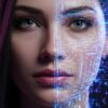 女性の顔のクローズアップ。半分は本物の人間、もう半分は青く光るデジタルコードで構成されており、Sora 2ディープフェイク技術が持つ創造性と危険性の二面性を象徴している。