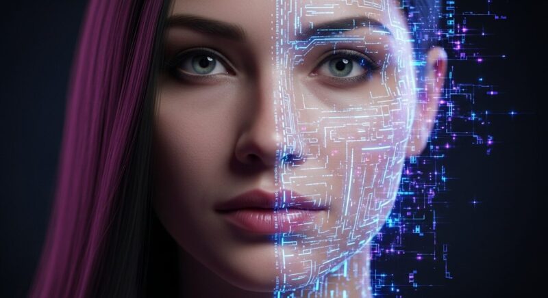 女性の顔のクローズアップ。半分は本物の人間、もう半分は青く光るデジタルコードで構成されており、Sora 2ディープフェイク技術が持つ創造性と危険性の二面性を象徴している。