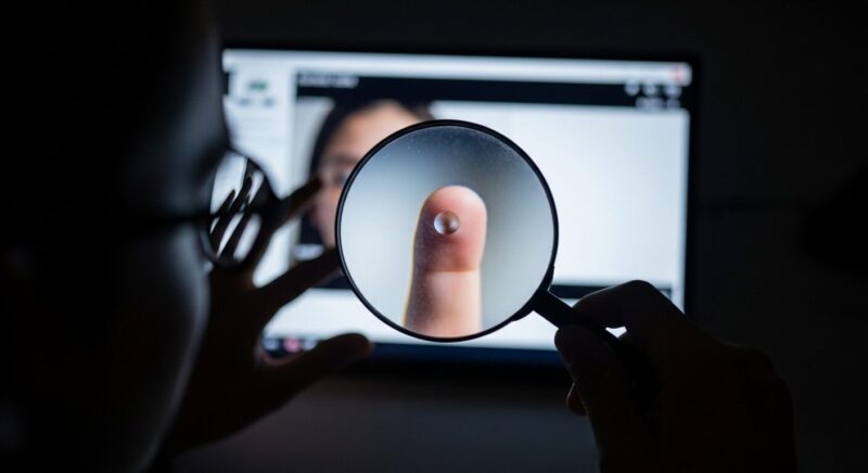 虫眼鏡を使ってPC画面上の動画を調べる人物。映像内の不自然な指の歪みが拡大されており、Sora 2ディープフェイク動画の違和感を見破るための実践的なチェック方法を象徴する。