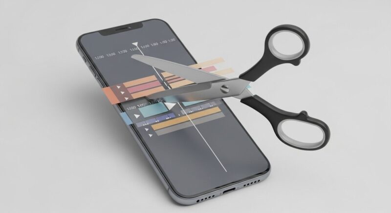 スマートフォンの動画をハサミが切り取るイラスト。切り抜き動画による印象操作の危険性と、断片的な情報を鵜呑みにするリスクを象徴しています。