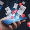 スマートフォンから溢れ出す偽ニュースや警告アイコンの断片。ネットに潜む情報操作やデマ、セキュリティの危険性を象徴し、デジタル時代の護身術の必要性を示すイラスト。