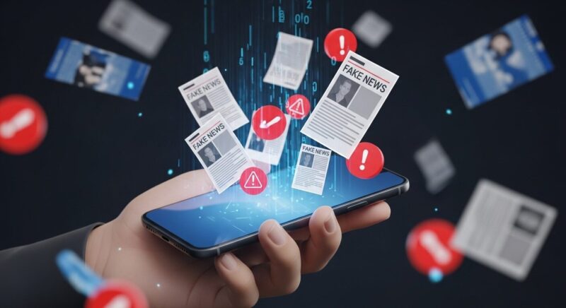 スマートフォンから溢れ出す偽ニュースや警告アイコンの断片。ネットに潜む情報操作やデマ、セキュリティの危険性を象徴し、デジタル時代の護身術の必要性を示すイラスト。