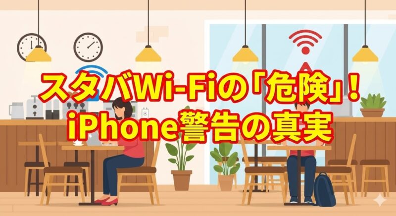 カフェでノートパソコンを使う人の上に安全と危険を示すWi-Fiアイコンが浮かぶ、スタバWi-Fiの安全性を表現したイラスト
