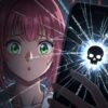 ピンク髪の少女が、ひび割れてウイルスマークが表示されたスマホを心配そうに見つめているイラスト。アニメ海賊版サイトに潜む、ウイルス感染や個人情報流出の危険性を象徴しています。