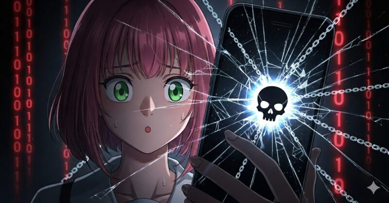 ピンク髪の少女が、ひび割れてウイルスマークが表示されたスマホを心配そうに見つめているイラスト。アニメ海賊版サイトに潜む、ウイルス感染や個人情報流出の危険性を象徴しています。