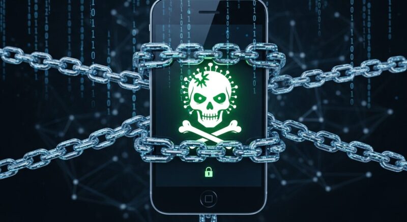 デジタルの鎖で縛られたスマートフォンのイラスト。画面にはドクロマークが。海賊版サイト閲覧による、ウイルス感染でスマホが人質になる危険性を表現しています。
