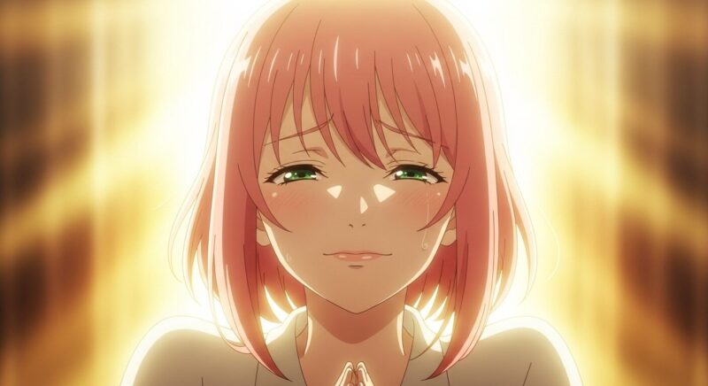 人気アニメ「SPY×FAMILY」のキャラクター、アーニャが、金色の暖かい光に包まれて安心した表情を浮かべているイラスト。公式視聴がキャラクターを応援し、救うことを象徴しています。