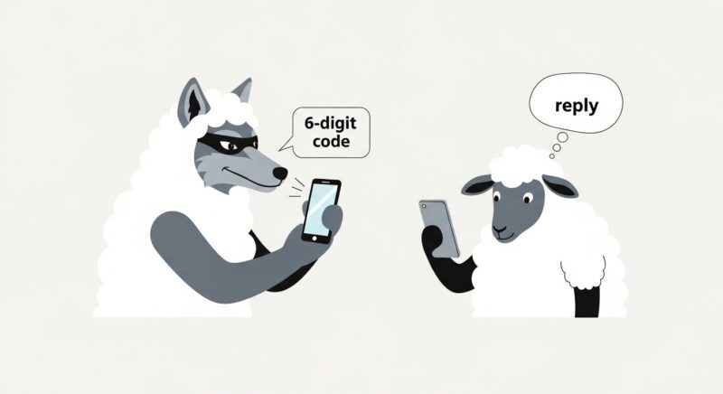 オオカミが羊の皮をかぶってスマホで詐欺メッセージを送るイラスト。「認証コードを教えて」というWhatsAppの乗っ取り手口の危険性を表現。