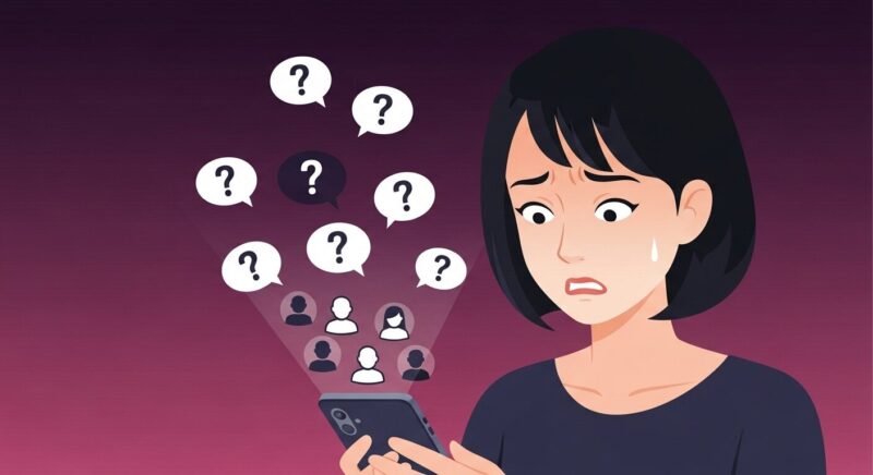 スマートフォンに知らない人からメッセージが届き、不安な表情を浮かべる女性のイラスト。WhatsAppで発生するスミッシング詐欺などの危険性を示唆。